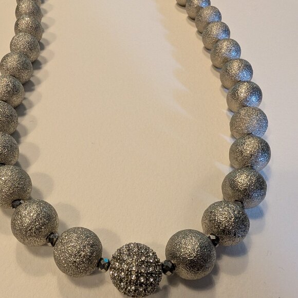 ,RJ Graziano Signed Silver-Tone Rough Finish Beads Necklace w/1 Rhinestone Bead - Picture 2 of 5